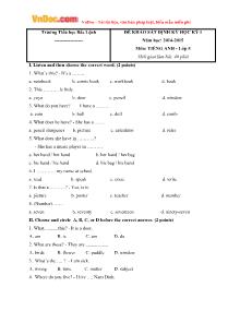 Đề khảo sát định kỳ học kỳ I môn: Tiếng anh - lớp 5 Trường Tiểu học Bắc Lệnh