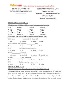 Đề kiểm tra 1 tiết số 1 - Lớp 6 môn Anh văn (chương trình nâng cao) trường THCS Trần Quốc Toản